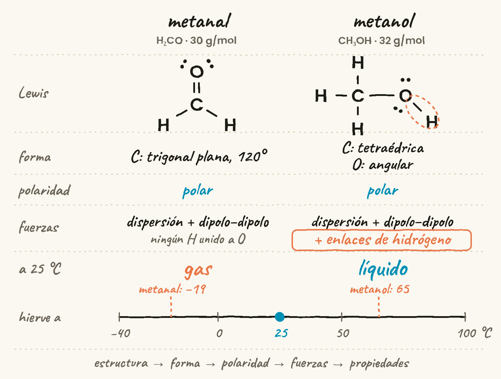 Dos columnas, metanal y metanol, con la estructura de Lewis, la geometría, la polaridad, las fuerzas intermoleculares y el punto de ebullición de cada uno. El metanol añade enlaces de hidrógeno y es líquido a 25 °C; el metanal es gas.