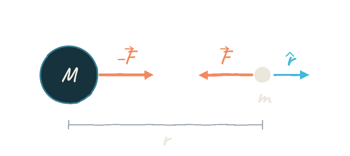 Dues masses, M i m, separades una distància r. Sobre m, una fletxa F cap a M; sobre M, una fletxa −F igual cap a m; i el vector unitari r̂ a m, apuntant en sentit contrari a M.