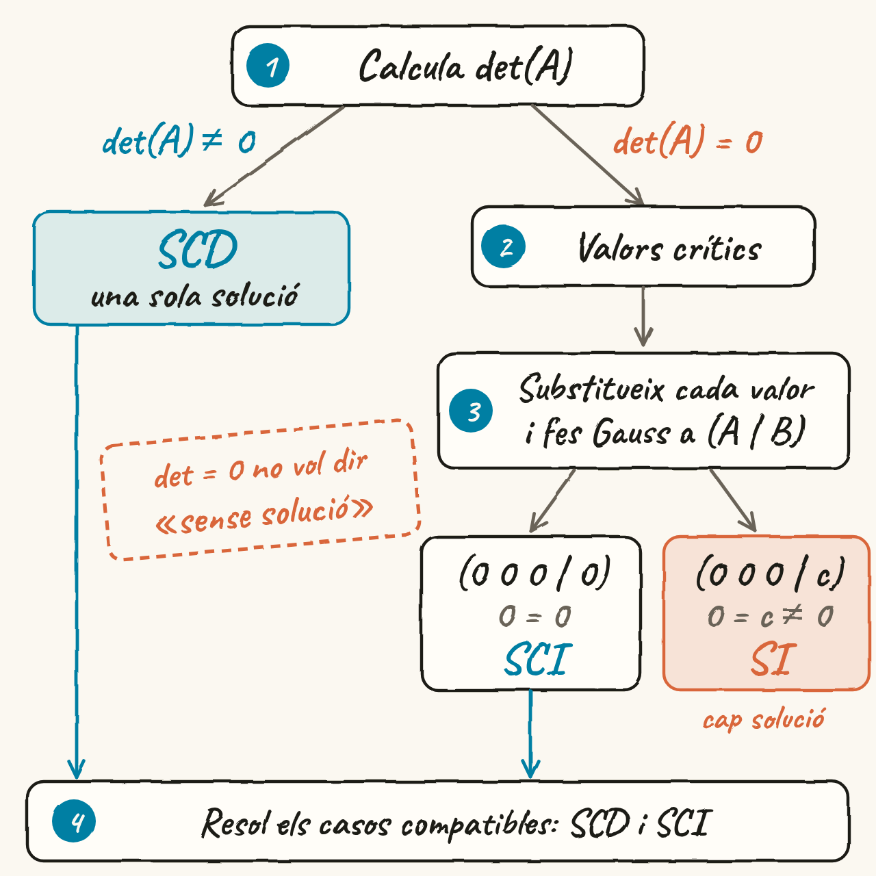 Diagrama de flux: calcula det(A); si no és zero, SCD; si és zero, valors crítics, substitució i Gauss a (A | B); una fila (0 0 0 | 0) dona SCI i una fila (0 0 0 | c) dona SI; finalment, resol els casos compatibles.